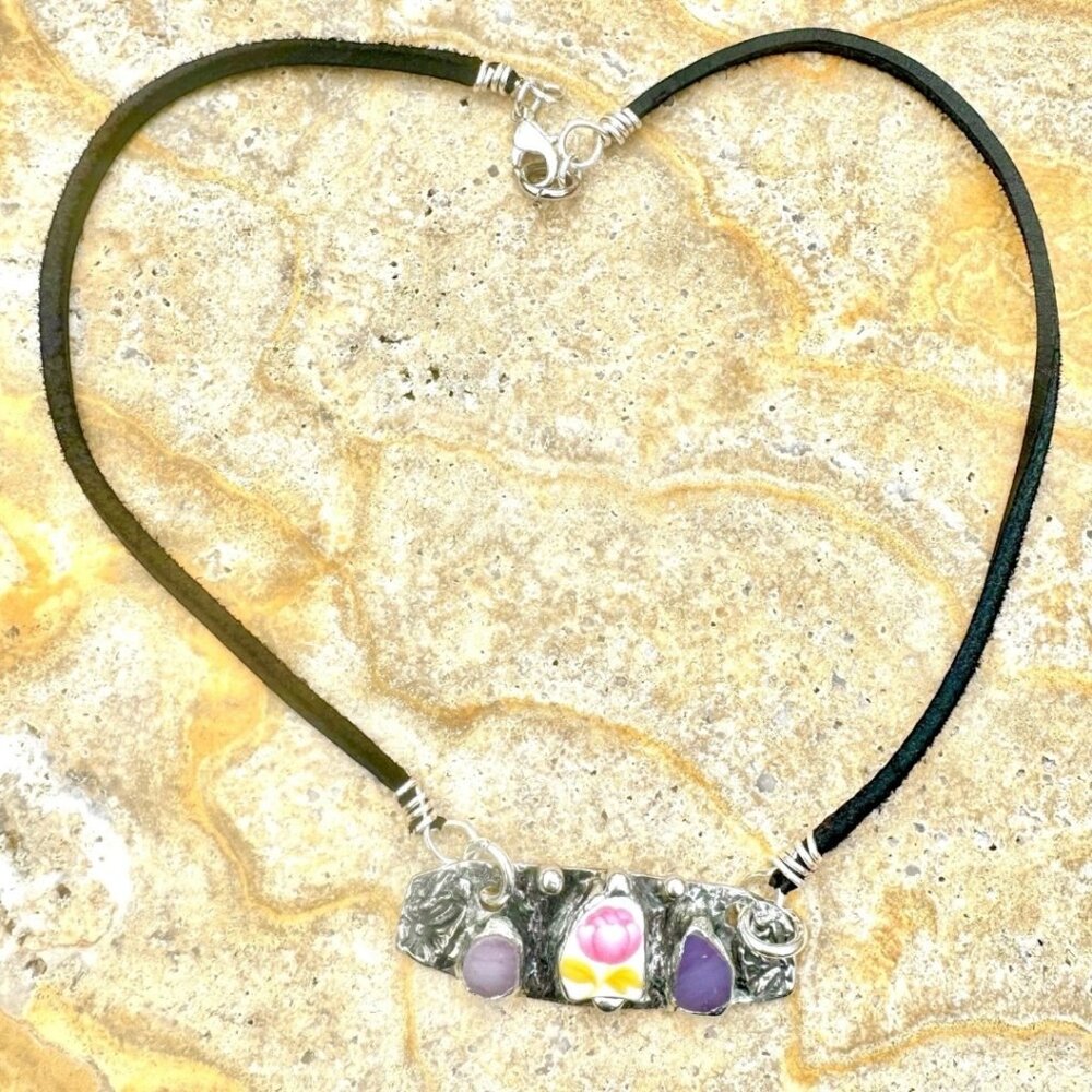 Artisan Boho Broken China & Glass Mixed Media Necklace With Silver Blend Pendant - Picture 11 of 14